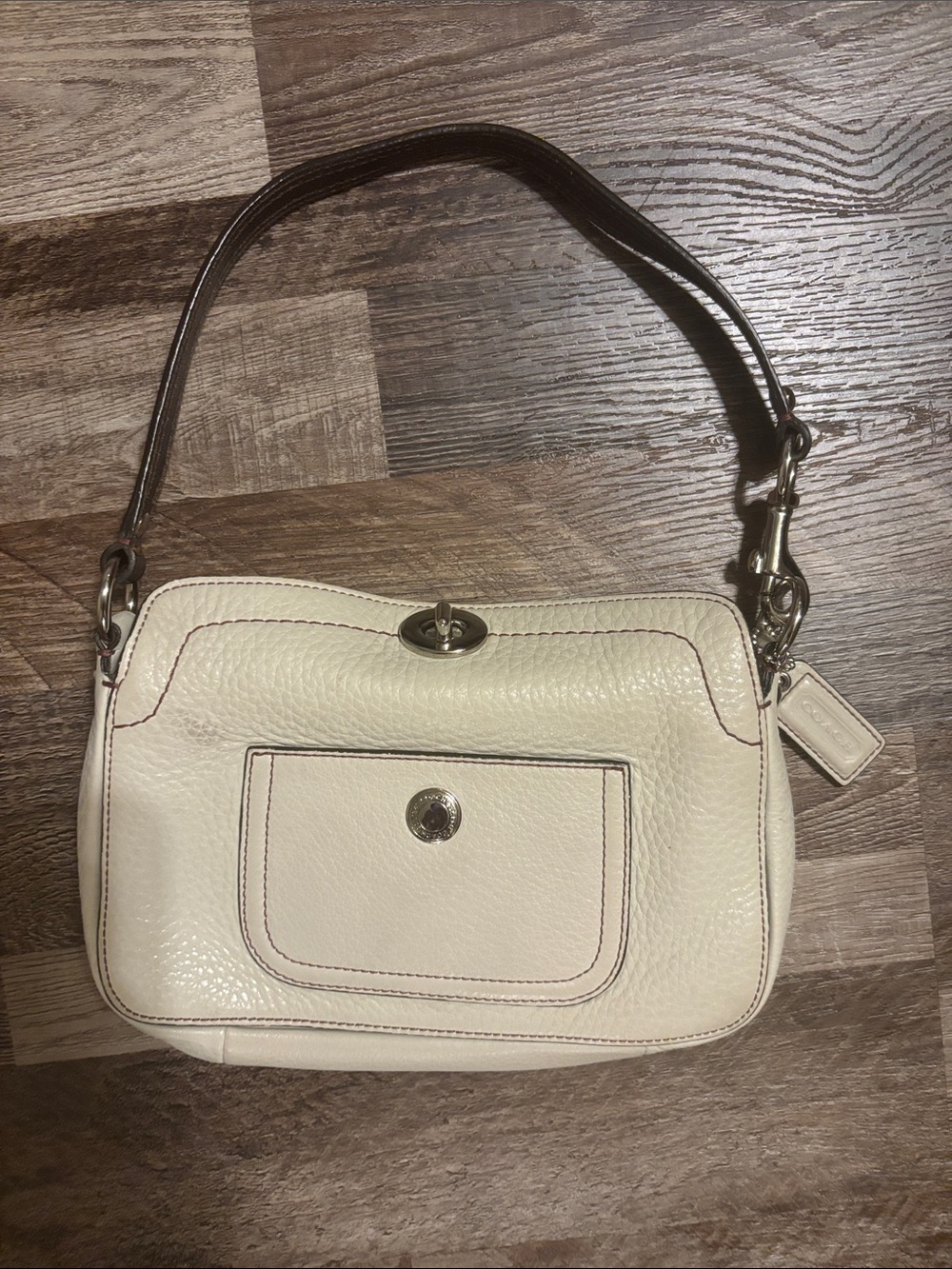 Coach Cream Pebbled Leather Shoulder Bag with Dark Brown Strap
